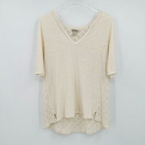 Lucky Brand Size Large Cream V Neck Short Sleeve Boho Knit Back T Shirt Top